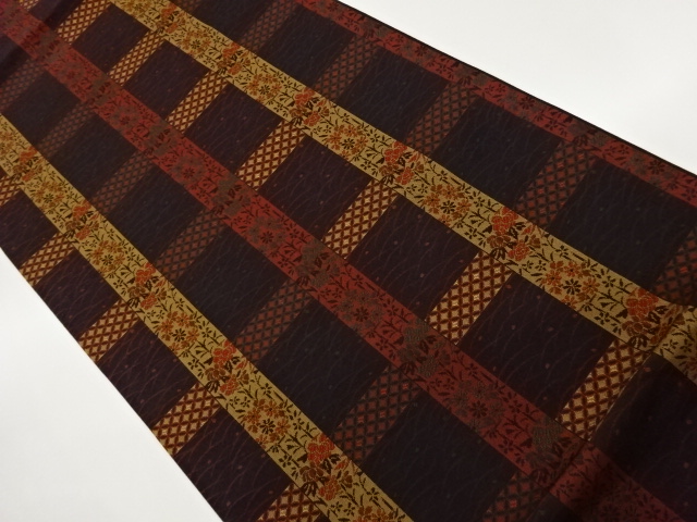 格子に草花・七宝・露芝模様織出し全通袋帯